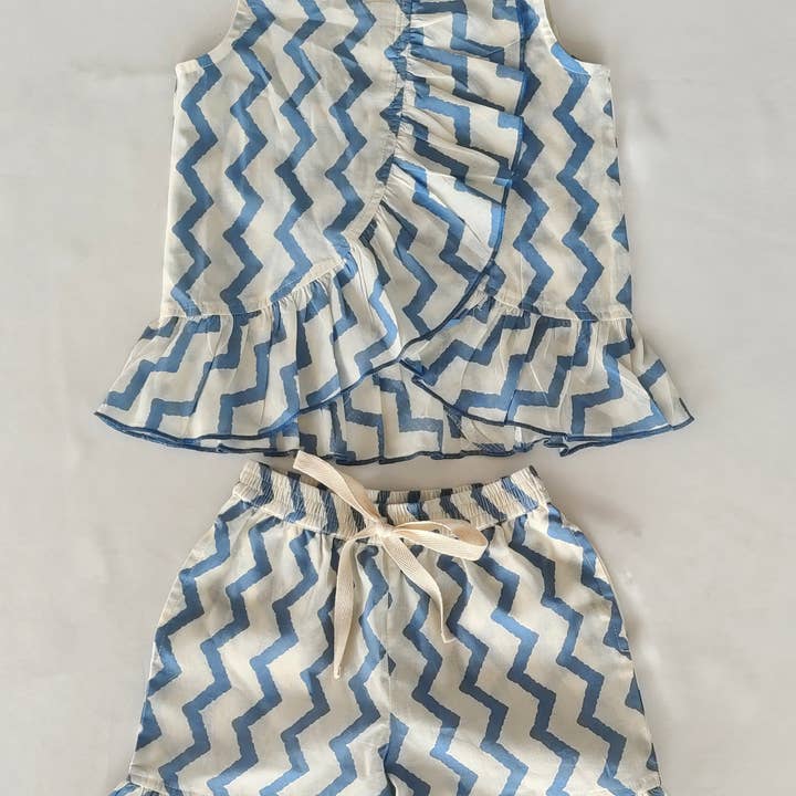 Blue ZigZag Sleeveless Crossback Top & Short Set