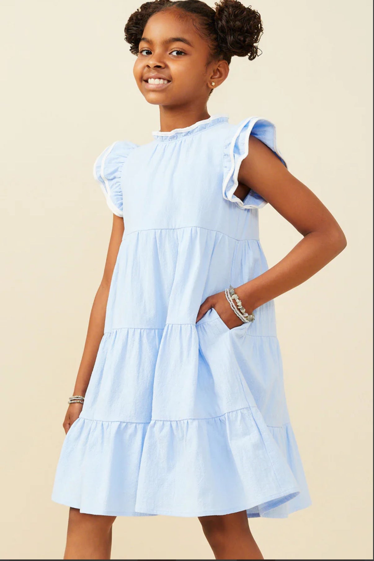 White Trim Blue Ruffle Dress