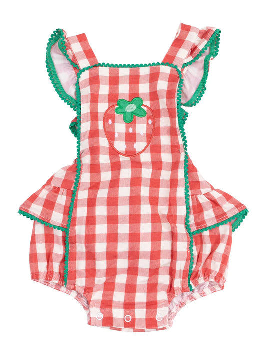 Strawberry Gingham Ric-Rac Ruffle Sunsuit