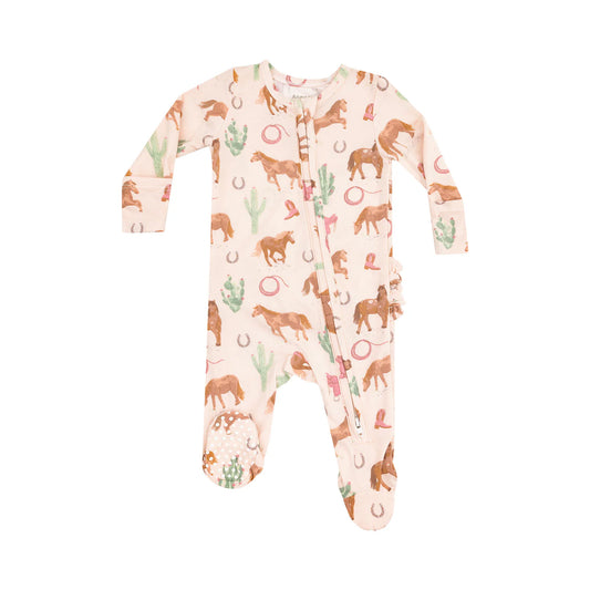 Western Horses Ruffle Zipper Footie
