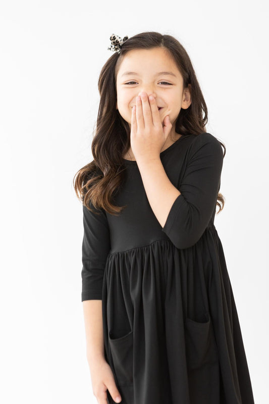 3/4 Sleeve Pocket Twirl Dress-Black