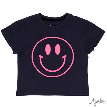 Navy Boxy Tee- Pink Smiley Face