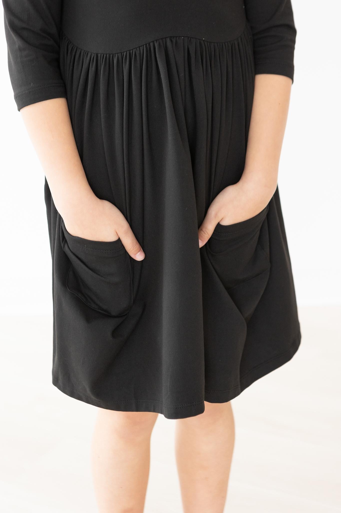 3/4 Sleeve Pocket Twirl Dress-Black