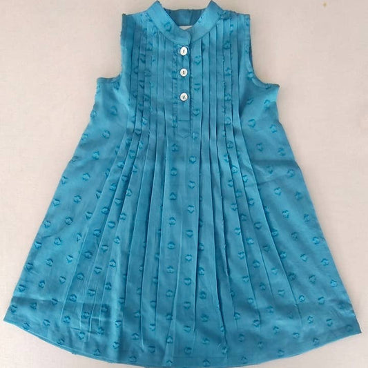 Blue Dobby Dress with Pleats