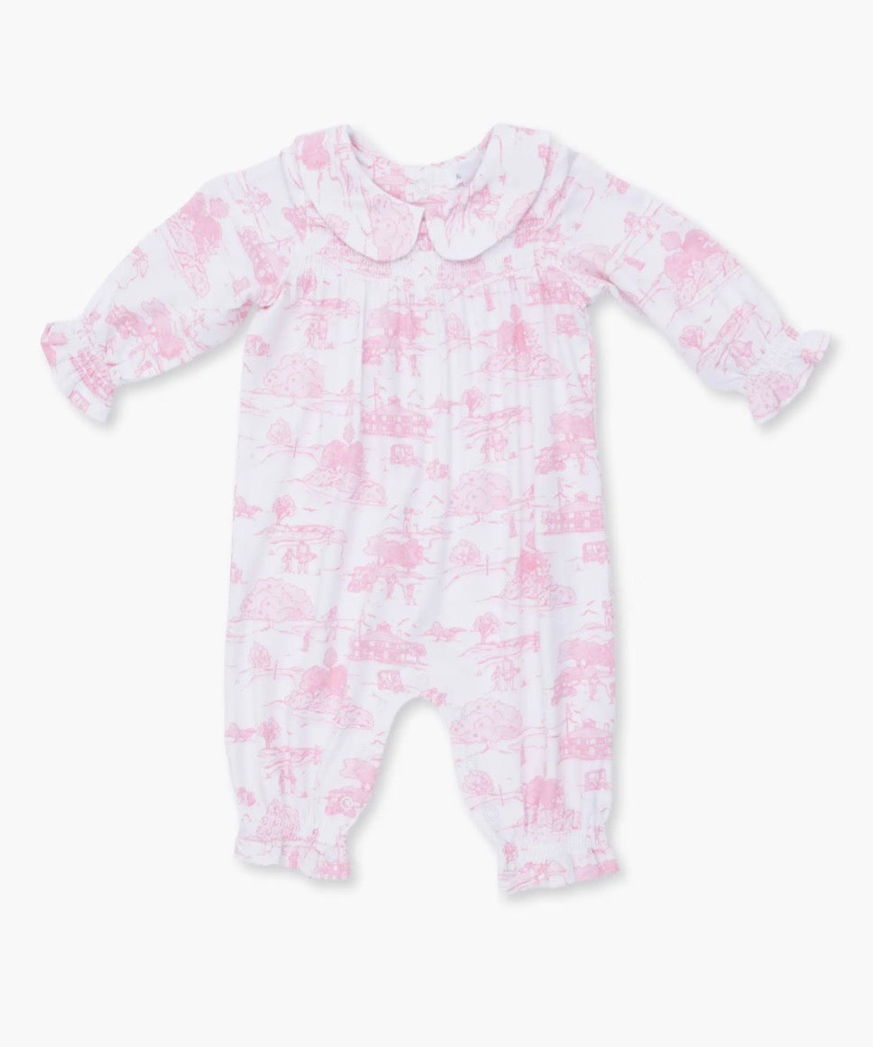 Pink Golf Toile Smocked Romper