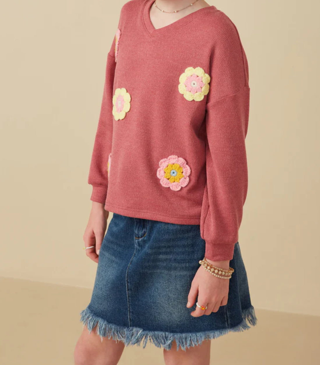 Crochet Floral Brushed Knit Top