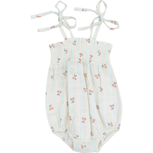Cherry Stripe Tie Strap Smocked Bubble