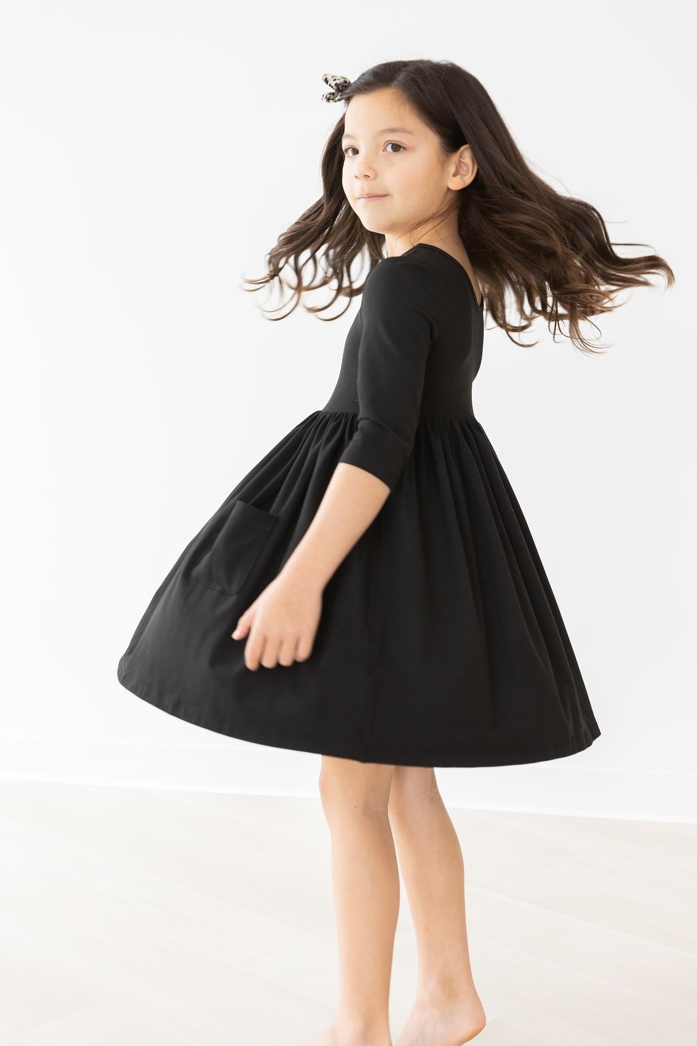 3/4 Sleeve Pocket Twirl Dress-Black