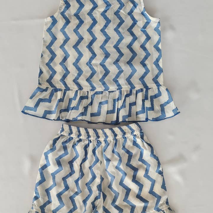 Blue ZigZag Sleeveless Crossback Top & Short Set
