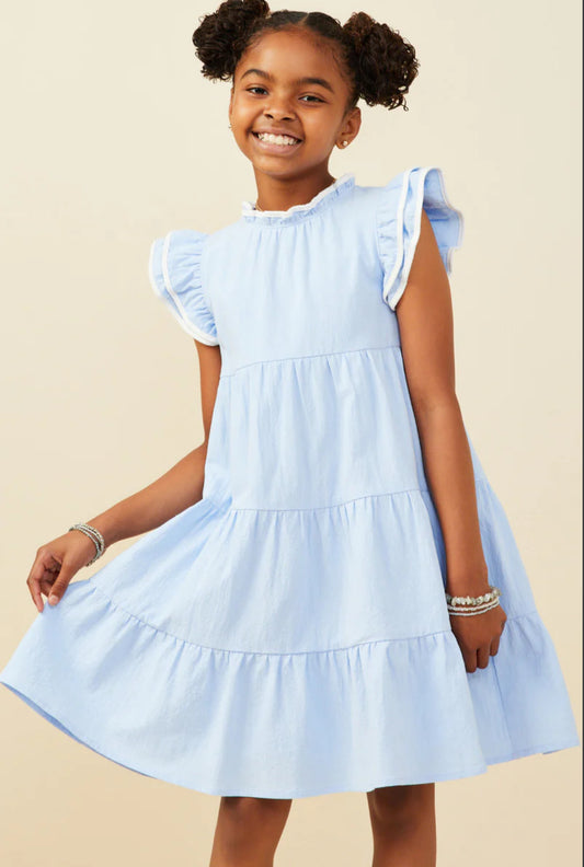 White Trim Blue Ruffle Dress