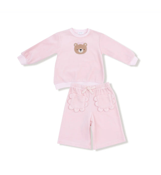 Velour Teddy Bear Oversized Shirt & Wide Leg Pant-Pink
