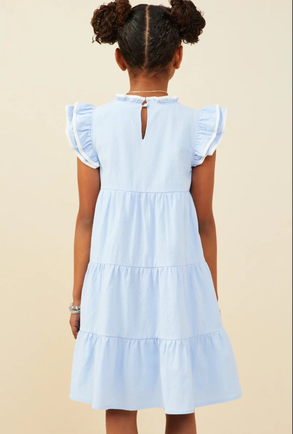 White Trim Blue Ruffle Dress
