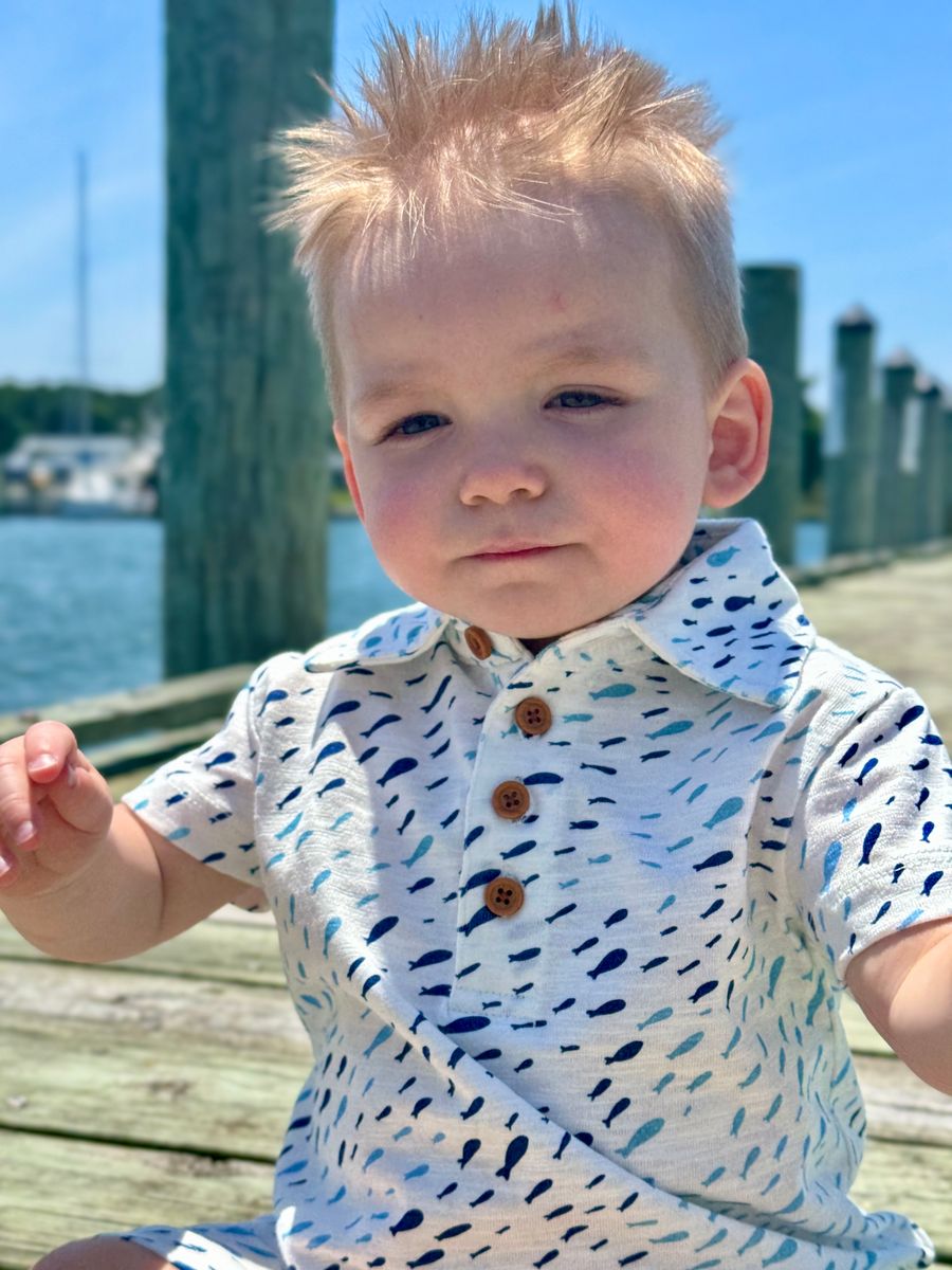 Drift Polo Romper-Blue Fish
