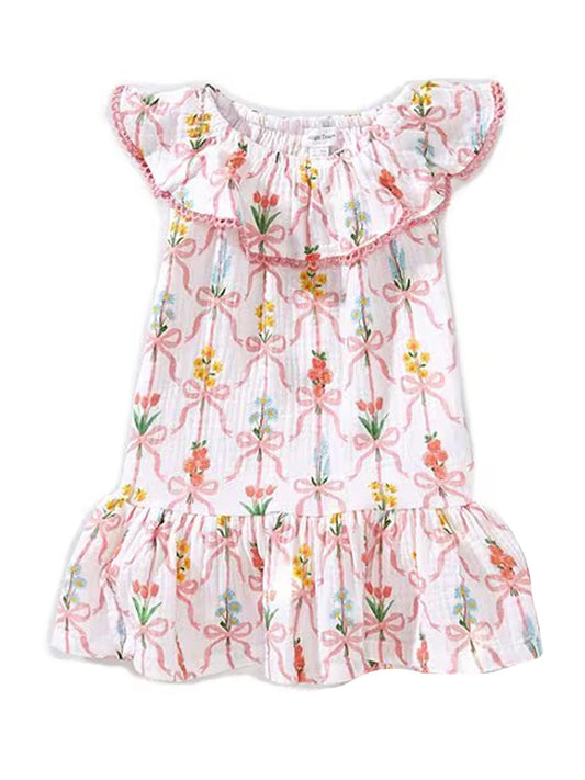 Ribbon Bouquets Circle Neck Dress