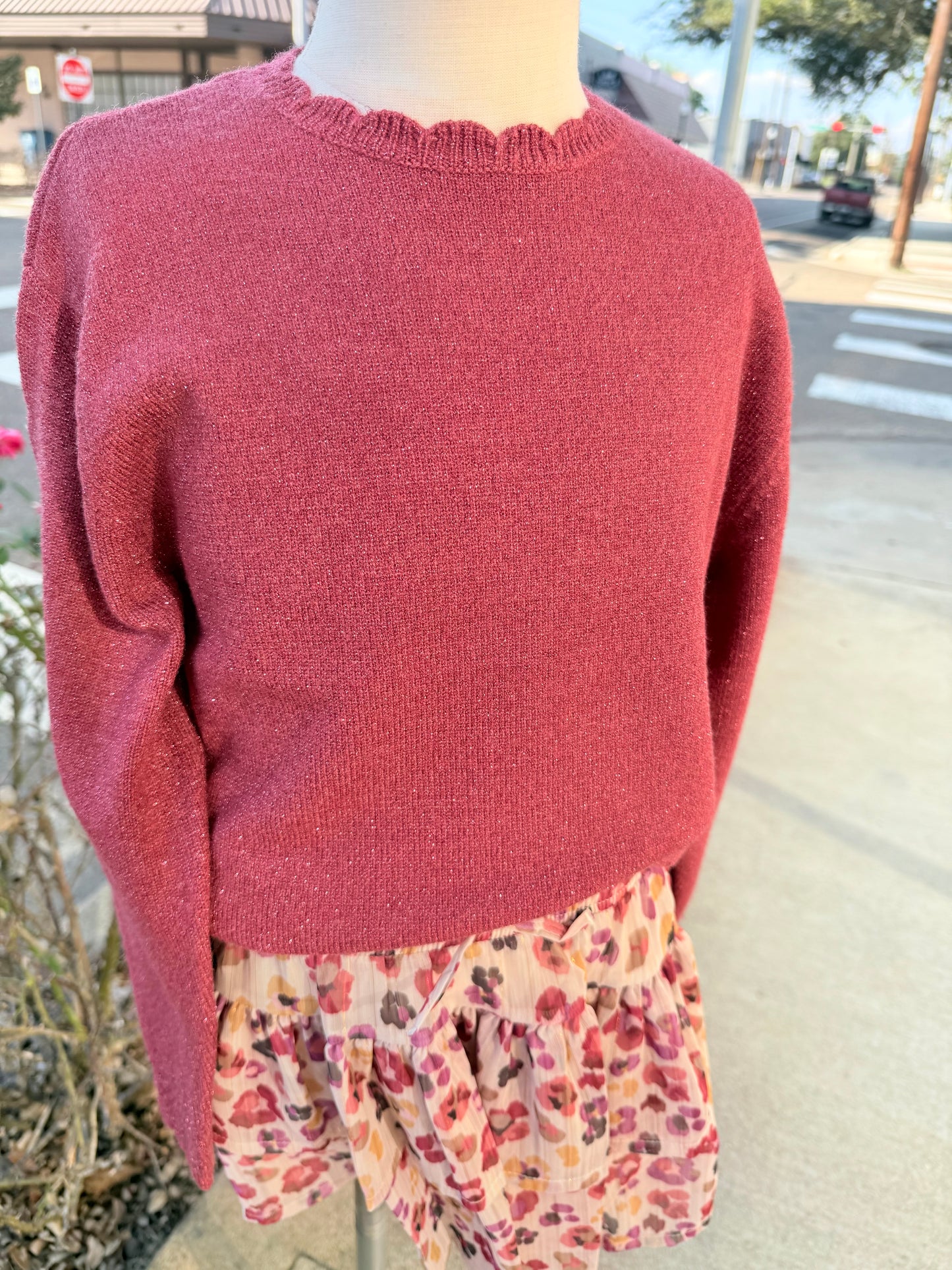 Knitted Shimmer Sweater-Cherry