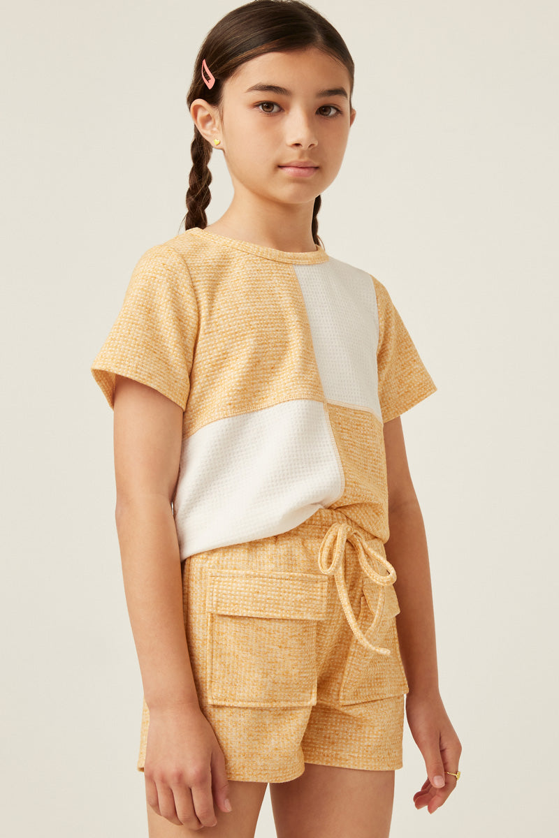 Mustard Block Panel Waffle Knit Top & Pocket Shorts
