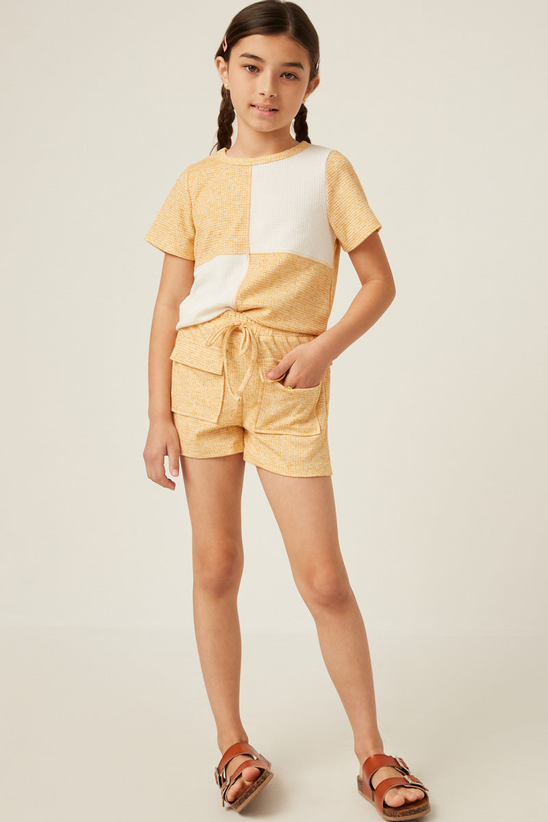Mustard Block Panel Waffle Knit Top & Pocket Shorts