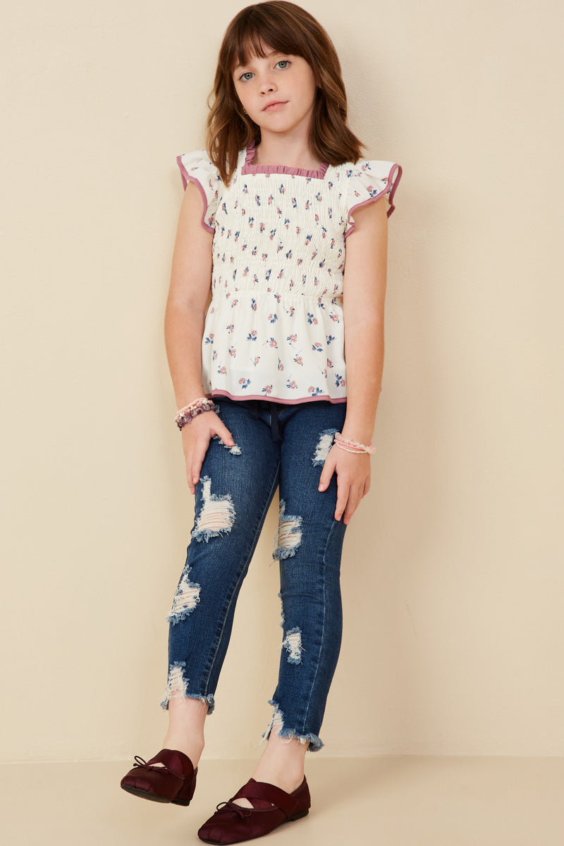 Piped Smocked Floral Top