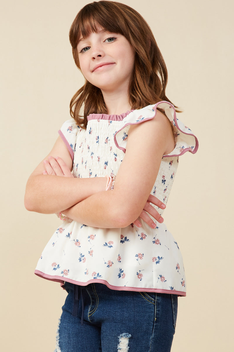 Piped Smocked Floral Top