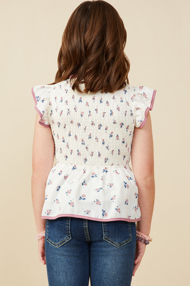 Piped Smocked Floral Top