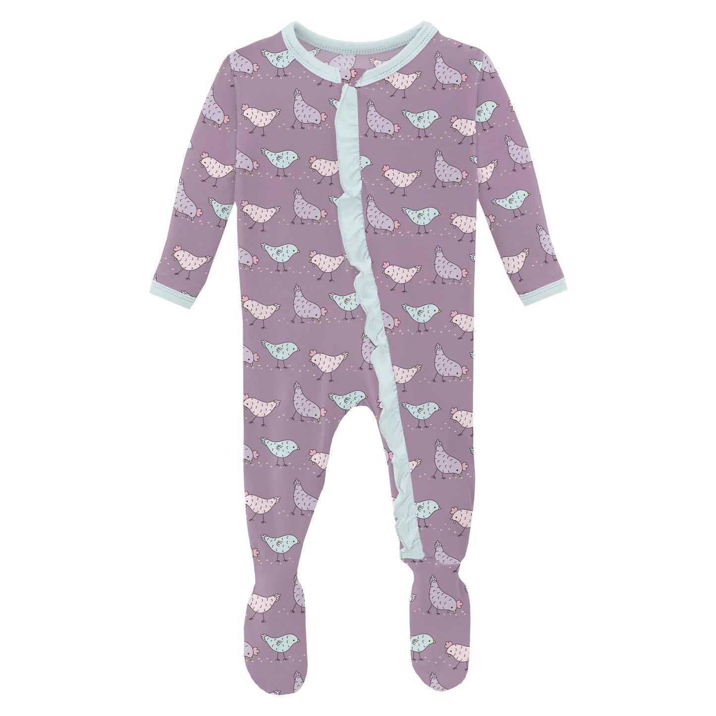 Classic Ruffle 2-Way Zipper Footie-Lavender Chickens