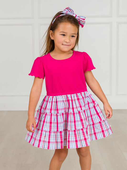Adley Plaid Mixed Media Tiered Dress