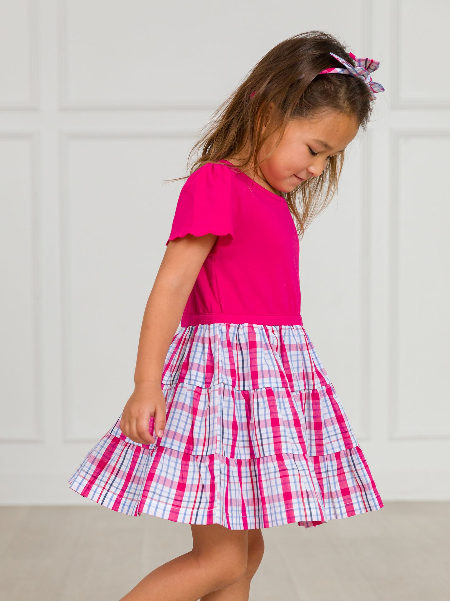 Adley Plaid Mixed Media Tiered Dress