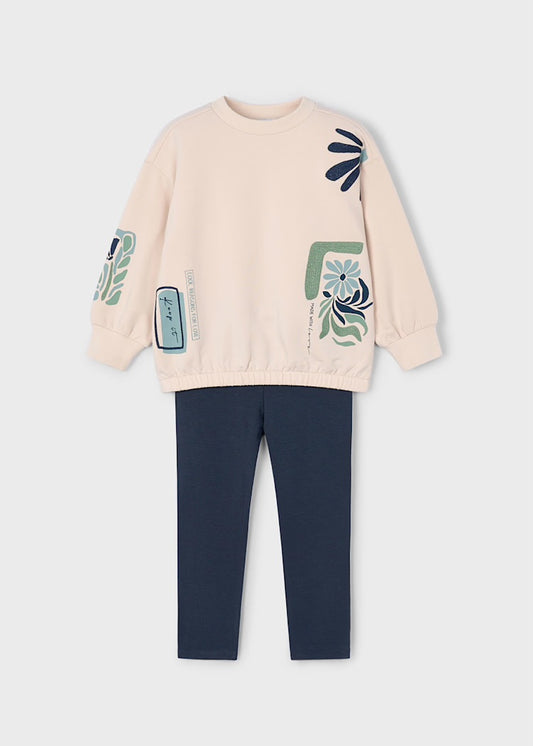 Beige Floral Pullover w/ Navy Leggings