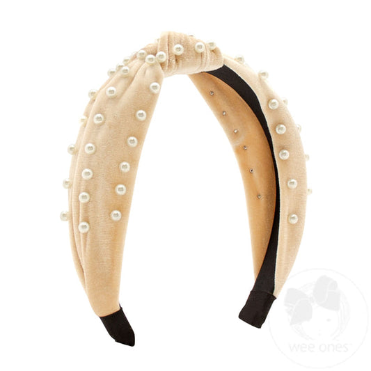 Velvet Knot Pearl Headband-Nude