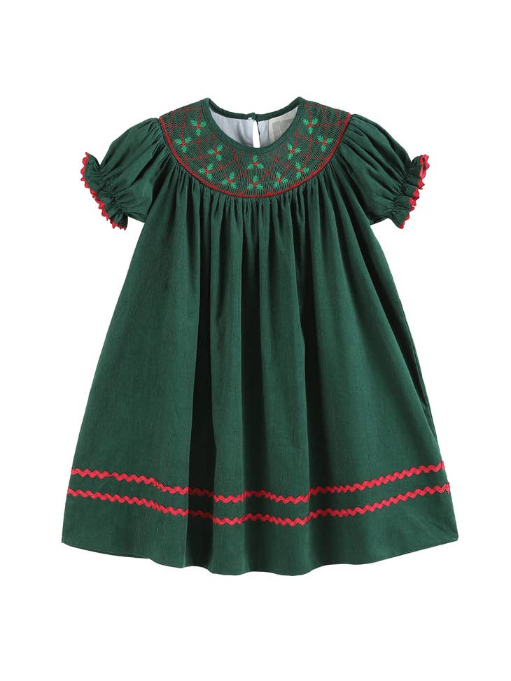 Green Christmas Mistletoe Smocked Bishop Dress