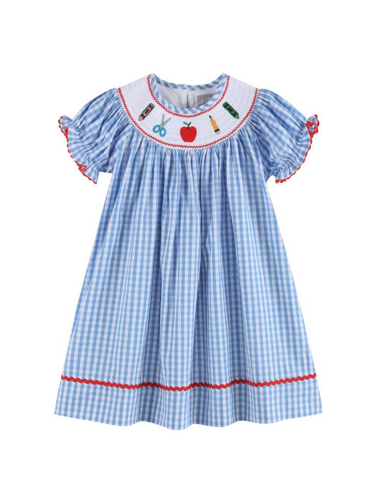 Blue Gingham School Supplies Smocked Bishop Dress