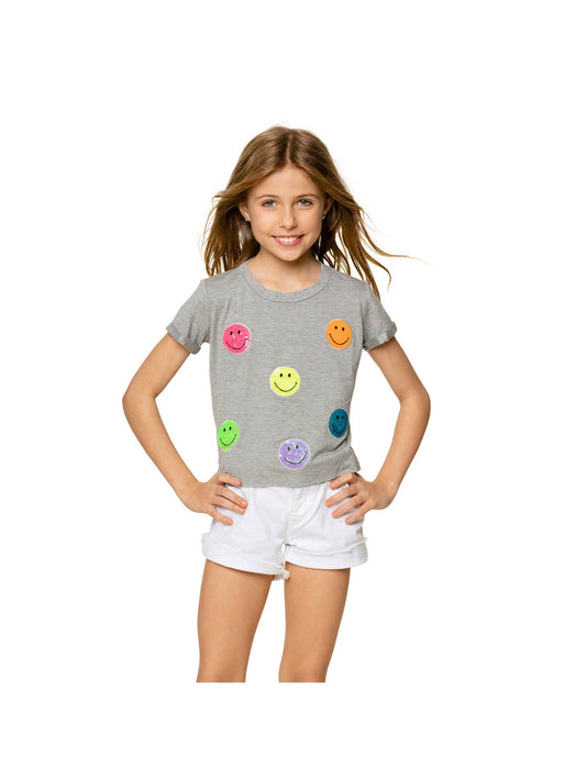 Gray Crop Sequin Happy Face Tee