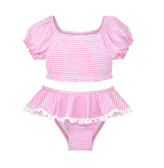 Gemma 2-Piece Smocked Pom-Pom Swimsuit-Sweet Pink Stripe