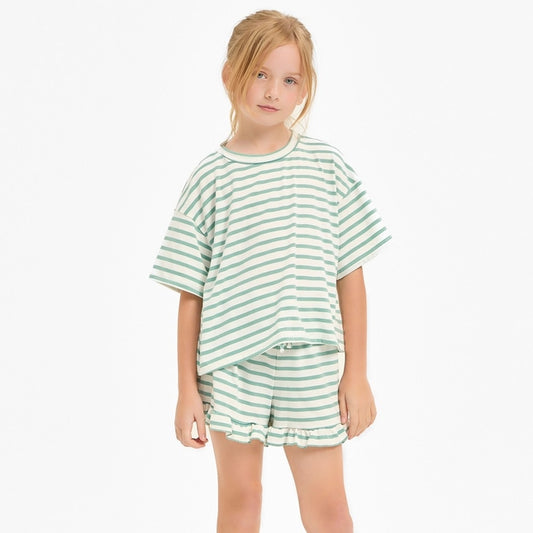 Mint Stripe Top & Ruffle Shorts