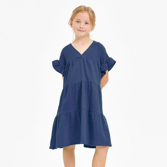 Navy Tiered Gauze Dress