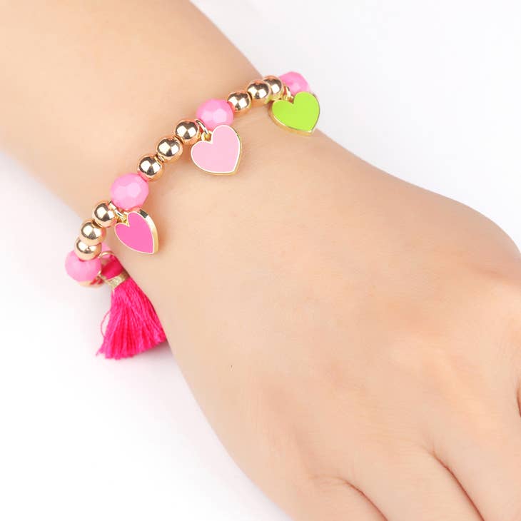 Sweet Hearts Beaded Bracelet With Pink Tassel