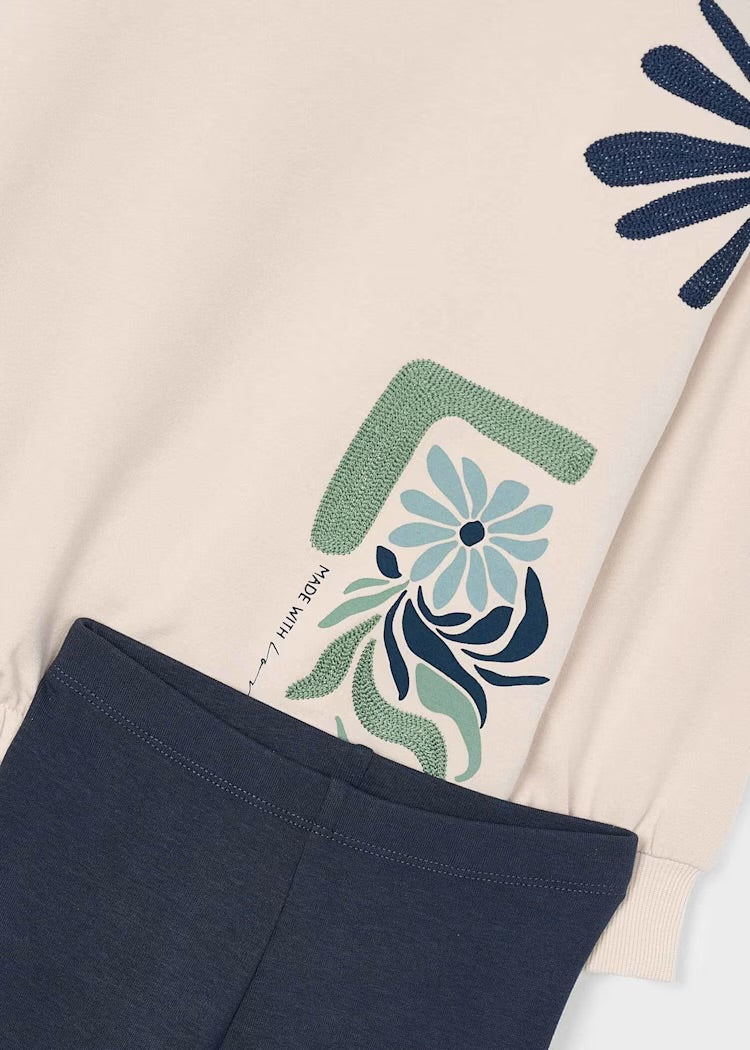Beige Floral Pullover w/ Navy Leggings