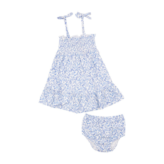 Blue Calico Floral Tie Strap Smocked Dress