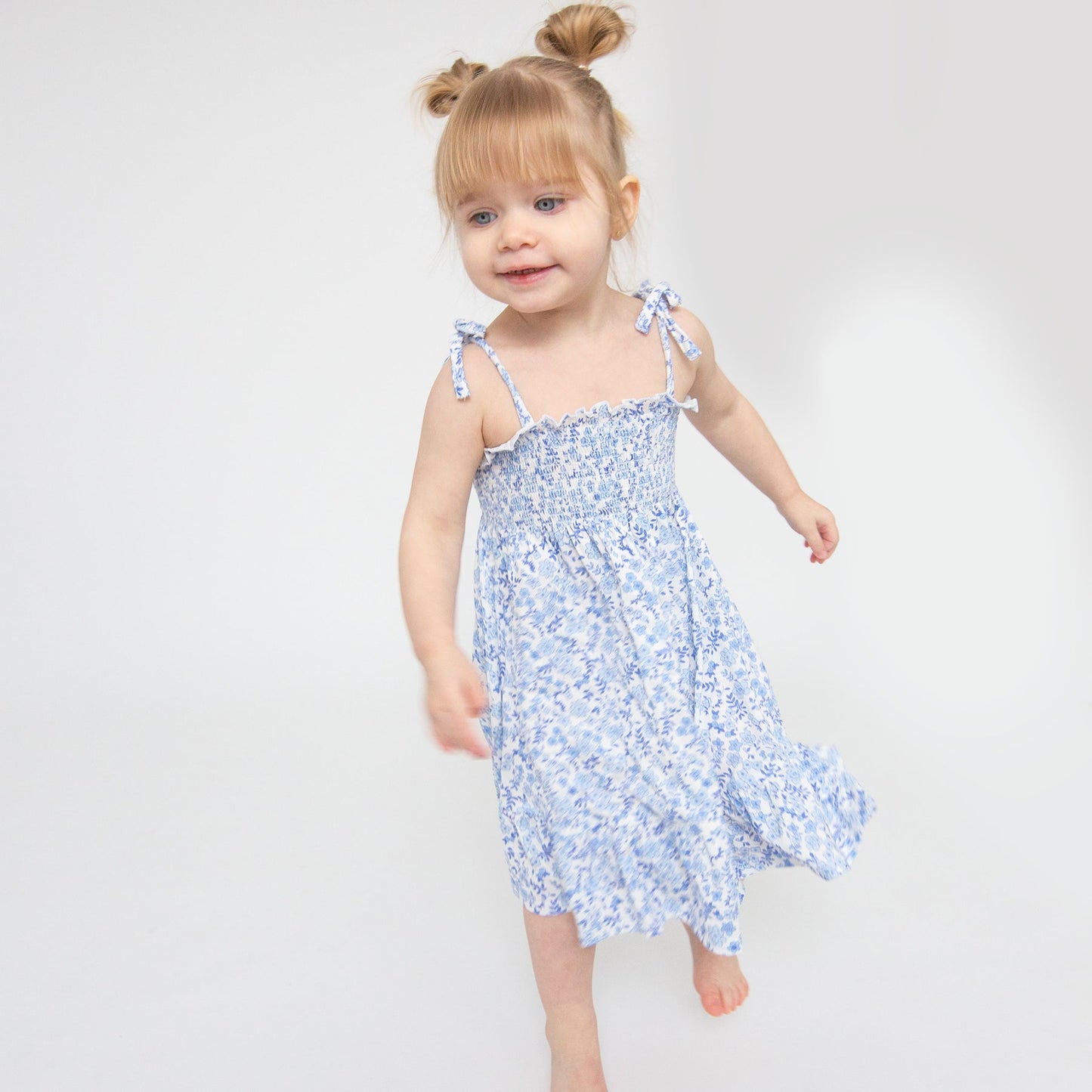 Blue Calico Floral Tie Strap Smocked Dress