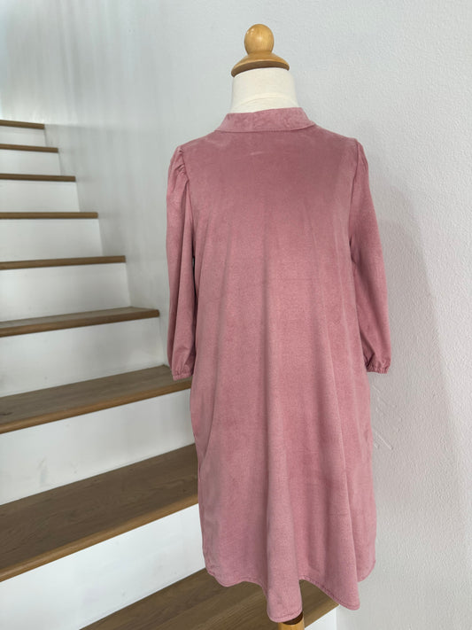 Puff Sleeve Suede Dress-Pink