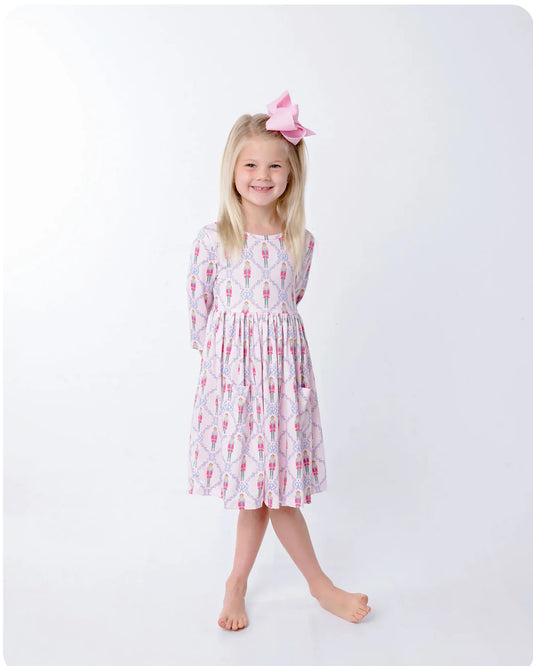 Pink Nutcracker 3/4 Sleeve Pocket Twirl Dress