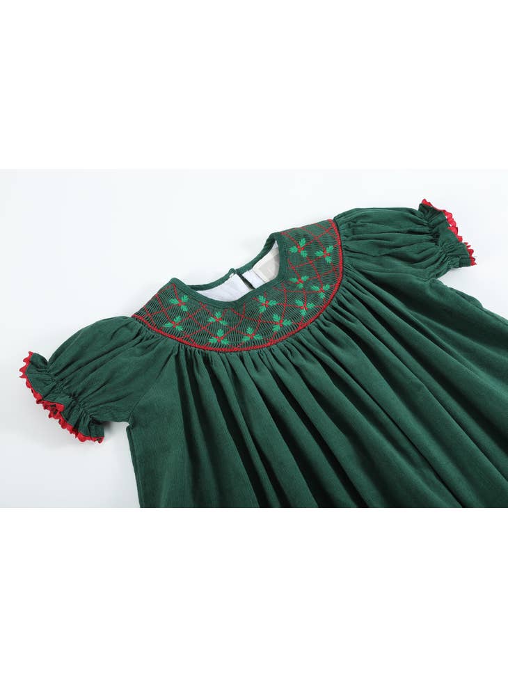 Green Christmas Mistletoe Smocked Bishop Dress