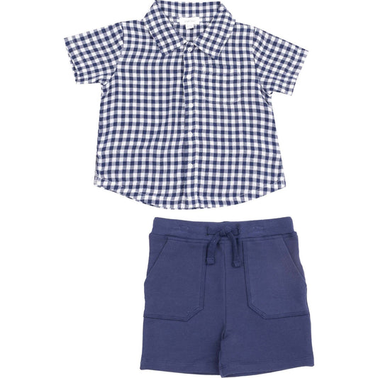 Navy Gingham Button Down Polo w/French Terry Shorts