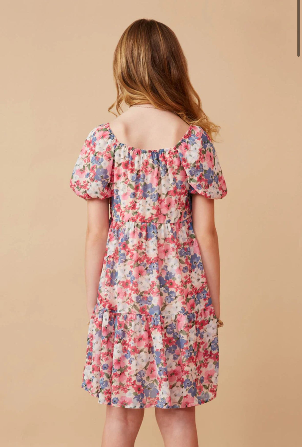 Spring Floral Puff Sleeve Bow Front Dress