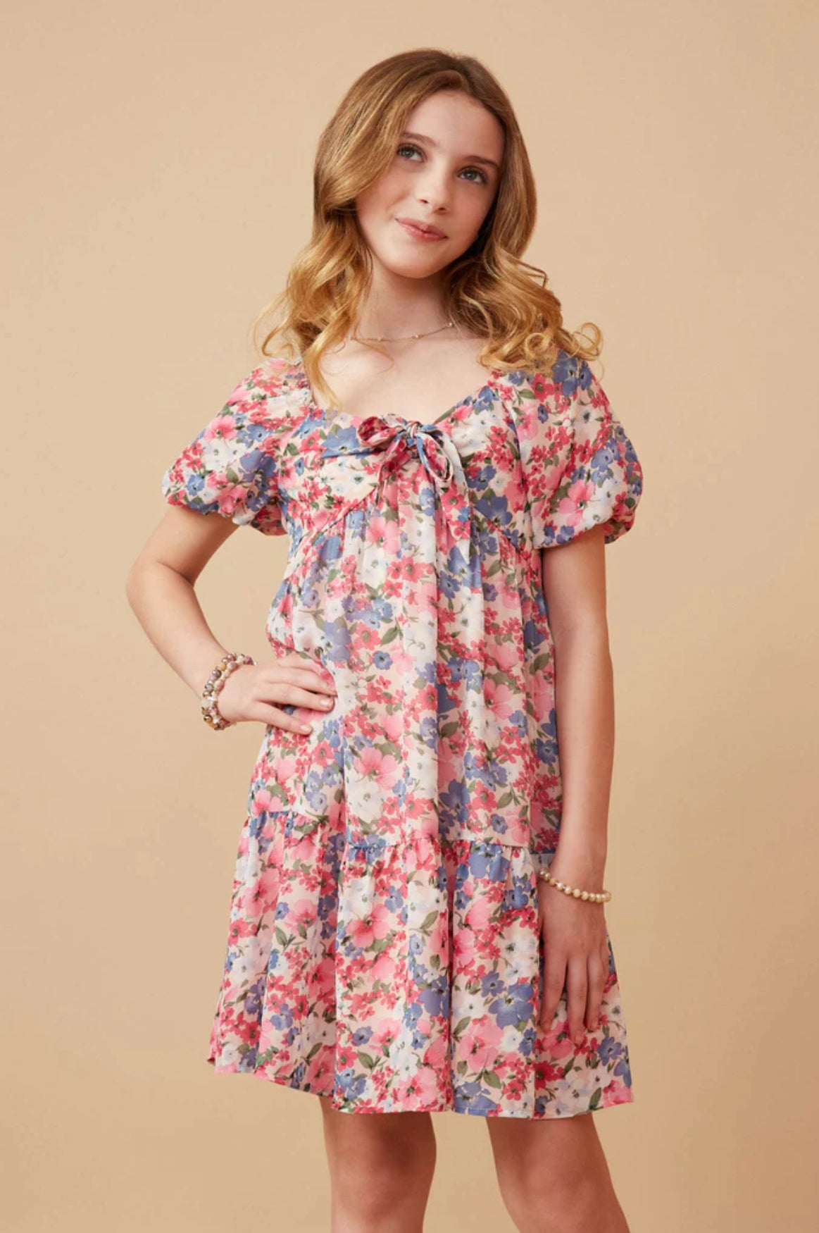 Spring Floral Puff Sleeve Bow Front Dress