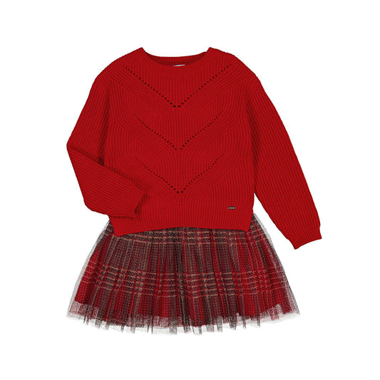 Red Sweater Dress w/Plaid Tulle Skirt