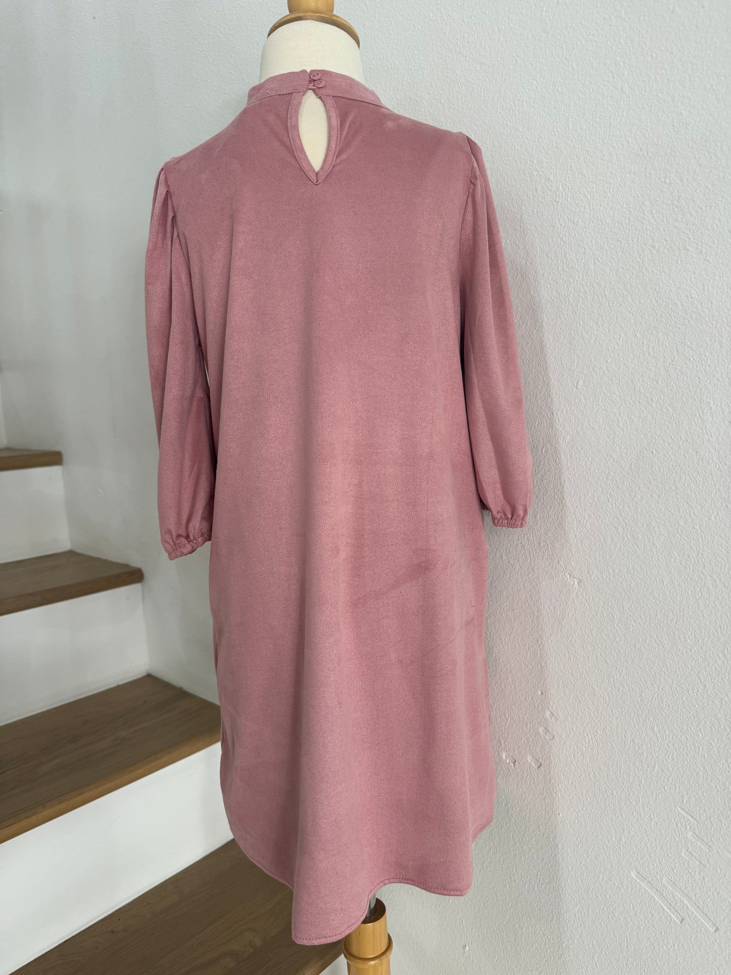 Puff Sleeve Suede Dress-Pink