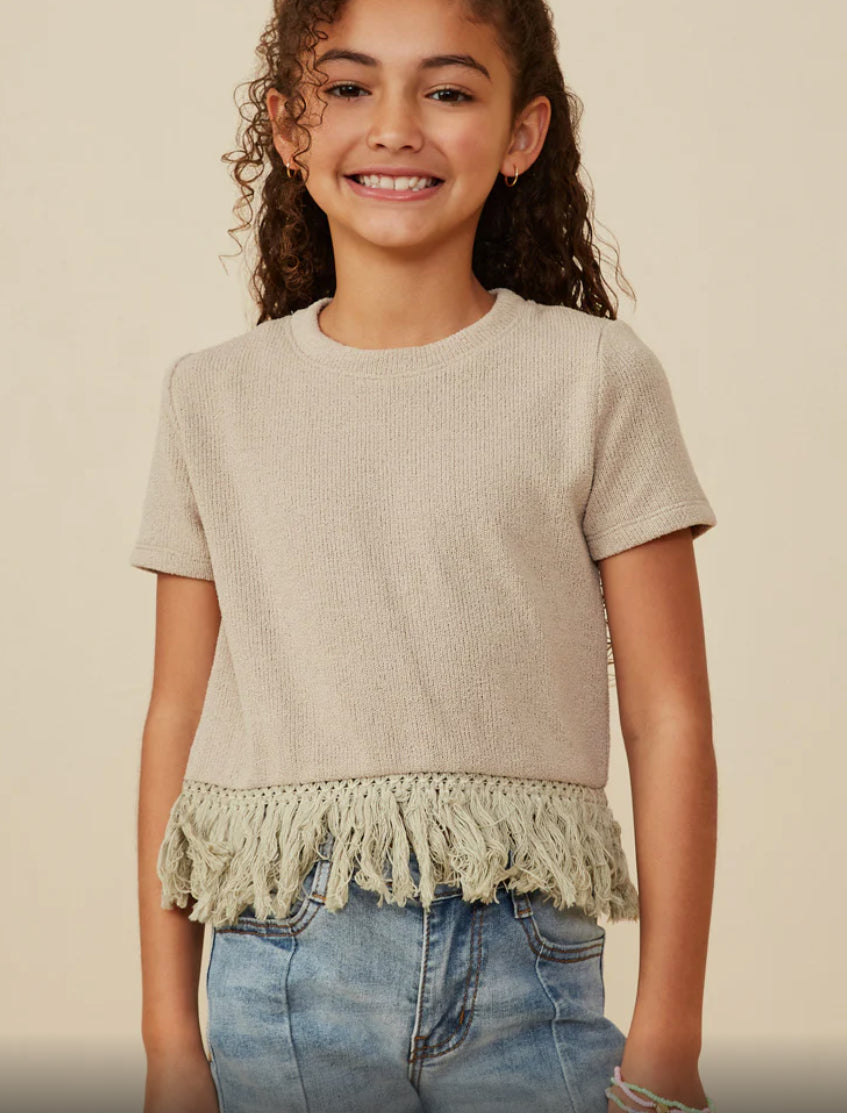 Fringe Hem Top-Taupe