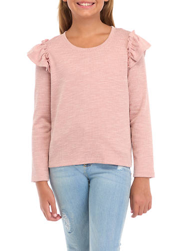 Textured Ruffle Shoulder Scoop Neck Top-Mauve