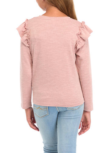 Textured Ruffle Shoulder Scoop Neck Top-Mauve